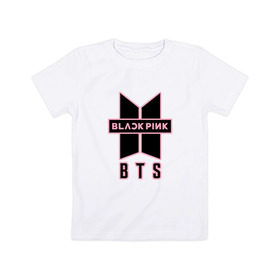 Детская футболка хлопок с принтом BTS and BLACKPINK в Тюмени, 100% хлопок | круглый вырез горловины, полуприлегающий силуэт, длина до линии бедер | bangtan boys | black | blackpink | bt21 | bts | k pop | pink | rose | блек пинк | блекпинк | блэк пинк | блэкпинк | бтс