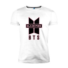 Мужская футболка премиум с принтом BTS and BLACKPINK в Тюмени, 92% хлопок, 8% лайкра | приталенный силуэт, круглый вырез ворота, длина до линии бедра, короткий рукав | bangtan boys | black | blackpink | bt21 | bts | k pop | pink | rose | блек пинк | блекпинк | блэк пинк | блэкпинк | бтс