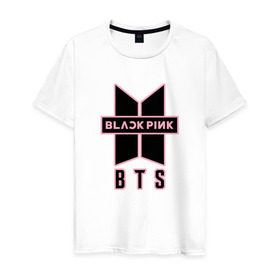 Мужская футболка хлопок с принтом BTS and BLACKPINK в Тюмени, 100% хлопок | прямой крой, круглый вырез горловины, длина до линии бедер, слегка спущенное плечо. | bangtan boys | black | blackpink | bt21 | bts | k pop | pink | rose | блек пинк | блекпинк | блэк пинк | блэкпинк | бтс