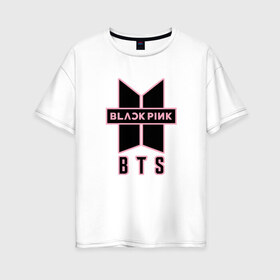 Женская футболка хлопок Oversize с принтом BTS and BLACKPINK в Тюмени, 100% хлопок | свободный крой, круглый ворот, спущенный рукав, длина до линии бедер
 | bangtan boys | black | blackpink | bt21 | bts | k pop | pink | rose | блек пинк | блекпинк | блэк пинк | блэкпинк | бтс