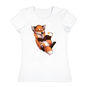 Женская футболка хлопок с принтом Хитрый лис в Тюмени, 100% хлопок | прямой крой, круглый вырез горловины, длина до линии бедер, слегка спущенное плечо | лис | лиса | лисенок | песец | рыжая лисица | рыжий лис
