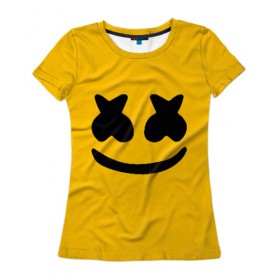 Женская футболка 3D с принтом MARSHMELLO HAPPIER в Тюмени, 100% полиэфир ( синтетическое хлопкоподобное полотно) | прямой крой, круглый вырез горловины, длина до линии бедер | america | dj | marshmello | usa | америка | маршмелло