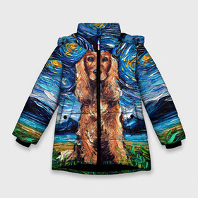 Зимняя куртка для девочек 3D с принтом Кокер-спаниель (Van Gogh style в Тюмени, ткань верха — 100% полиэстер; подклад — 100% полиэстер, утеплитель — 100% полиэстер. | длина ниже бедра, удлиненная спинка, воротник стойка и отстегивающийся капюшон. Есть боковые карманы с листочкой на кнопках, утяжки по низу изделия и внутренний карман на молнии. 

Предусмотрены светоотражающий принт на спинке, радужный светоотражающий элемент на пуллере молнии и на резинке для утяжки. | gogh | van | vincent | willem | ван | винсент | гог | кокер | пёс | постимпрессионизм | собака | спаниель | художник