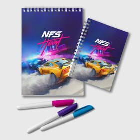 Блокнот с принтом NEED FOR SPEED - HEAT (2019) в Тюмени, 100% бумага | 48 листов, плотность листов — 60 г/м2, плотность картонной обложки — 250 г/м2. Листы скреплены удобной пружинной спиралью. Цвет линий — светло-серый
 | Тематика изображения на принте: 2019 | auto | for | game | games | heat | logo | need | neon | nfs | racing | speed | symbol | tuning | авто | гонки | жажда | жара | игра | игры | лого | логотип | неон | нфс | символ | скорости | тепло | тюнинг | хеат | хит | хот