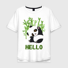 Мужская футболка хлопок Oversize с принтом Panda Hello в Тюмени, 100% хлопок | свободный крой, круглый ворот, “спинка” длиннее передней части | panda hello | животные | панда | панды | привет