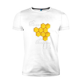 Мужская футболка премиум с принтом Bee happy! в Тюмени, 92% хлопок, 8% лайкра | приталенный силуэт, круглый вырез ворота, длина до линии бедра, короткий рукав | Тематика изображения на принте: be | bee | happy | весело | мед | пчела | соты | счастье