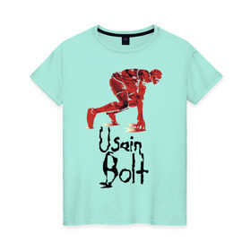 Женская футболка хлопок с принтом Usain Bolt в Тюмени, 100% хлопок | прямой крой, круглый вырез горловины, длина до линии бедер, слегка спущенное плечо | athletics | jamaica | man | run | runner | sport | sportsman | usain bolt | легкая атлетика | мужчина | спорт | спортсмен | ямайка