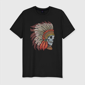 Мужская футболка хлопок Slim с принтом Череп Индеец в Тюмени, 92% хлопок, 8% лайкра | приталенный силуэт, круглый вырез ворота, длина до линии бедра, короткий рукав | indians | skull | индеец | индейцы | череп | черепа
