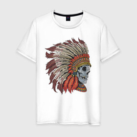 Мужская футболка хлопок с принтом Череп Индеец в Тюмени, 100% хлопок | прямой крой, круглый вырез горловины, длина до линии бедер, слегка спущенное плечо. | Тематика изображения на принте: indians | skull | индеец | индейцы | череп | черепа
