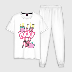 Мужская пижама хлопок с принтом KAWAII POCKY в Тюмени, 100% хлопок | брюки и футболка прямого кроя, без карманов, на брюках мягкая резинка на поясе и по низу штанин
 | kawaii | kawaii pocky | pocky | pocky купить | pocky палочки | кавай | японские pocky