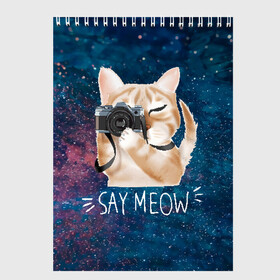 Скетчбук с принтом Say Meow в Тюмени, 100% бумага
 | 48 листов, плотность листов — 100 г/м2, плотность картонной обложки — 250 г/м2. Листы скреплены сверху удобной пружинной спиралью | meow | кот | котенок | котик | котики | котятка | кошка | мяу | скажи мяу | фотоаппарат | фотограф