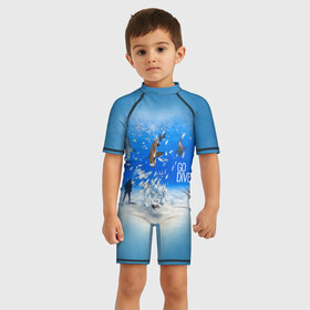 Детский купальный костюм 3D с принтом Go Dive в Тюмени, Полиэстер 85%, Спандекс 15% | застежка на молнии на спине | Тематика изображения на принте: dive | diving | swim | swimming | synchronized swimming | водный спорт | дайвинг | плавание | пловец | синхронное плавание | спорт