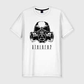 Мужская футболка премиум с принтом S.T.A.L.K.E.R. 2 в Тюмени, 92% хлопок, 8% лайкра | приталенный силуэт, круглый вырез ворота, длина до линии бедра, короткий рукав | Тематика изображения на принте: bandit | chernobyl | logo | pripyat | s.t.a.l.k.e.r. 2 | shadow of chernobyl | stalker | stalker 2 | бандиты | лого | меченый | припять | сталкер | сталкер 2 | тени чернобыля | чернобыль | чистое небо