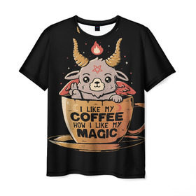 Мужская футболка 3D с принтом How I Like My Coffee в Тюмени, 100% полиэфир | прямой крой, круглый вырез горловины, длина до линии бедер | coffee | diy | espresso | how | like | lol | my | как | кофе | лол | мой | монстрик | рога | сделай сам | сказка | эспрессо