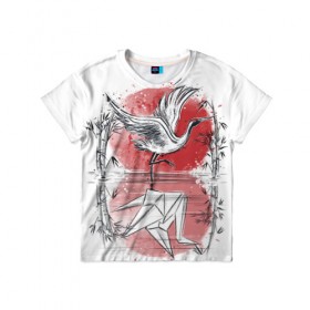 Детская футболка 3D с принтом Японская мечта в Тюмени, 100% гипоаллергенный полиэфир | прямой крой, круглый вырез горловины, длина до линии бедер, чуть спущенное плечо, ткань немного тянется | Тематика изображения на принте: bird | crane | japan | sakura | tradition | travel | журавль | птица | путешествие | сакура | традиция | япония