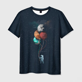 Мужская футболка 3D с принтом Космонавт с Планетами в Тюмени, 100% полиэфир | прямой крой, круглый вырез горловины, длина до линии бедер | astronaut | cosmonaut | nasa | planet | stars | астронавт | в космосе | галактика | космонавт | космос | планеты | с шариками | шарики
