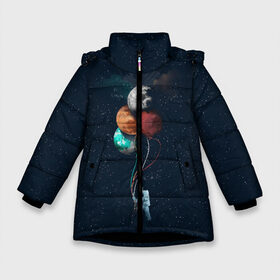 Зимняя куртка для девочек 3D с принтом Космонавт с Планетами в Тюмени, ткань верха — 100% полиэстер; подклад — 100% полиэстер, утеплитель — 100% полиэстер. | длина ниже бедра, удлиненная спинка, воротник стойка и отстегивающийся капюшон. Есть боковые карманы с листочкой на кнопках, утяжки по низу изделия и внутренний карман на молнии. 

Предусмотрены светоотражающий принт на спинке, радужный светоотражающий элемент на пуллере молнии и на резинке для утяжки. | Тематика изображения на принте: astronaut | cosmonaut | nasa | planet | stars | астронавт | в космосе | галактика | космонавт | космос | планеты | с шариками | шарики