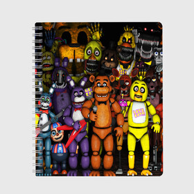 Тетрадь с принтом FIVE NIGHTS AT FREDDY S в Тюмени, 100% бумага | 48 листов, плотность листов — 60 г/м2, плотность картонной обложки — 250 г/м2. Листы скреплены сбоку удобной пружинной спиралью. Уголки страниц и обложки скругленные. Цвет линий — светло-серый
 | 5 ночей с фредди | animation | bonnie | chica | five nights at freddys | fnaf | foxy | freddy | funny | horror | scary | бонни | майк | пять | ужас | фнаф | фокси | фредди | чика | шмидт