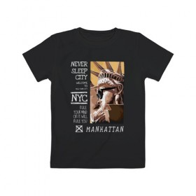 Детская футболка хлопок с принтом New York Never Sleep city в Тюмени, 100% хлопок | круглый вырез горловины, полуприлегающий силуэт, длина до линии бедер | city | never sleep | new york | usa | минимализм | нью йорк | ньюйорк | очки | сша