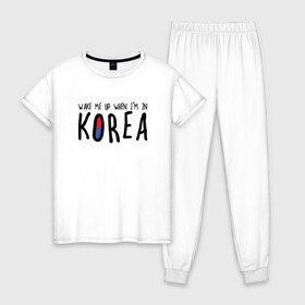 Женская пижама хлопок с принтом Разбуди меня в Корее в Тюмени, 100% хлопок | брюки и футболка прямого кроя, без карманов, на брюках мягкая резинка на поясе и по низу штанин | k pop | korea | korean | корея | разбуди меня в корее | разбуди меня когда я буду в корее | южная корея