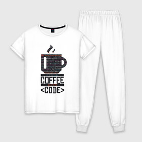 Женская пижама хлопок с принтом Код Кофе в Тюмени, 100% хлопок | брюки и футболка прямого кроя, без карманов, на брюках мягкая резинка на поясе и по низу штанин | 1c | c | code | coffee | dart | html | java | php | programmer | python | ruby | rust | script | двоичный код | код | кодер | кофе | программист | программистам