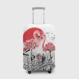 Чехол для чемодана 3D с принтом Сад Фламинго в Тюмени, 86% полиэфир, 14% спандекс | двустороннее нанесение принта, прорези для ручек и колес | Тематика изображения на принте: bridge | flamingo | garden | geisha | japan | pink | sakura | samurai | tradition | мост | розовый | сад | сакура | самурай | традиция | фламинго | япония
