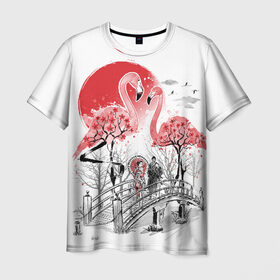 Мужская футболка 3D с принтом Сад Фламинго в Тюмени, 100% полиэфир | прямой крой, круглый вырез горловины, длина до линии бедер | bridge | flamingo | garden | geisha | japan | pink | sakura | samurai | tradition | мост | розовый | сад | сакура | самурай | традиция | фламинго | япония