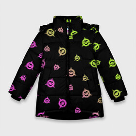 Зимняя куртка для девочек 3D с принтом BATTLETOADS 2019 в Тюмени, ткань верха — 100% полиэстер; подклад — 100% полиэстер, утеплитель — 100% полиэстер. | длина ниже бедра, удлиненная спинка, воротник стойка и отстегивающийся капюшон. Есть боковые карманы с листочкой на кнопках, утяжки по низу изделия и внутренний карман на молнии. 

Предусмотрены светоотражающий принт на спинке, радужный светоотражающий элемент на пуллере молнии и на резинке для утяжки. | battle | battletoads | double | dragon | game | games | logo | nintendo | rare | retro | symbol | toads | батл | батлтодс | баттл | баттлтоадс | игра | игры | лого | логотип | нинтендо | ретро | символ | тоадс | тодс