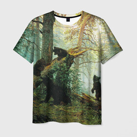 Мужская футболка 3D с принтом Утро в сосновом лесу в Тюмени, 100% полиэфир | прямой крой, круглый вырез горловины, длина до линии бедер | живопись | искусство | картина | художники | шедевры