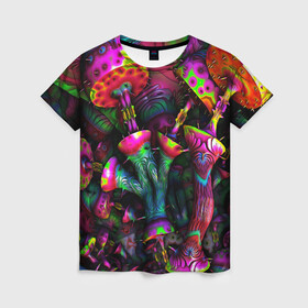 Женская футболка 3D с принтом ПСИХОДЕЛИКА в Тюмени, 100% полиэфир ( синтетическое хлопкоподобное полотно) | прямой крой, круглый вырез горловины, длина до линии бедер | abstract | abstraction | color | geometry | paitnt | psy | абстракция | геометрия | краски | неоновые | психоделика