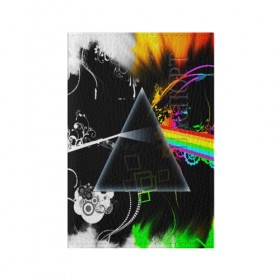 Обложка для паспорта матовая кожа с принтом PINK FLOYD в Тюмени, натуральная матовая кожа | размер 19,3 х 13,7 см; прозрачные пластиковые крепления | music | pink floyd | the dark side of the moon | космос | луна | музыка | пинк флойд | призма | рок | треугольник | триангулярная призма