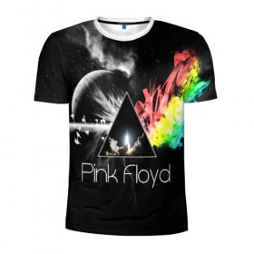 Мужская футболка 3D спортивная с принтом PINK FLOYD в Тюмени, 100% полиэстер с улучшенными характеристиками | приталенный силуэт, круглая горловина, широкие плечи, сужается к линии бедра | music | pink floyd | the dark side of the moon | космос | луна | музыка | пинк флойд | призма | рок | треугольник | триангулярная призма