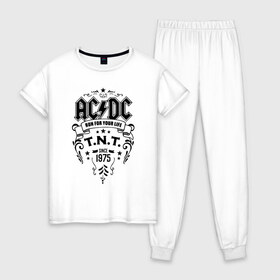 Женская пижама хлопок с принтом AC DC run for your life в Тюмени, 100% хлопок | брюки и футболка прямого кроя, без карманов, на брюках мягкая резинка на поясе и по низу штанин | ac dc | acdc | acdc ас дс | австралийская | ангус янг | асдс | блюз | группа | крис слэйд | метал | молния | музыка | музыканты | певцы | рок | рок н ролл | стиви янг | хард | хардрок | эксл роуз