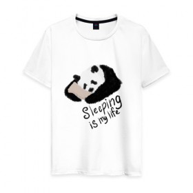 Мужская футболка хлопок с принтом Спящая Панда в Тюмени, 100% хлопок | прямой крой, круглый вырез горловины, длина до линии бедер, слегка спущенное плечо. | sleeping is my life | панда | сон | спать | спать это моя жизнь