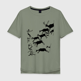 Мужская футболка хлопок Oversize с принтом Первобытная охота в Тюмени, 100% хлопок | свободный крой, круглый ворот, “спинка” длиннее передней части | cave art | hunter | археология | древность | наскальные рисунки | охота | охотник | первобытная охота | пещерные люди