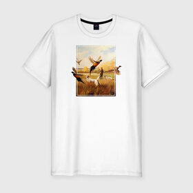 Мужская футболка премиум с принтом Охота на фазанов в Тюмени, 92% хлопок, 8% лайкра | приталенный силуэт, круглый вырез ворота, длина до линии бедра, короткий рукав | живопись | осень | охота | охотник | пес | птицы | рисунок | собака | фазаны | хобби