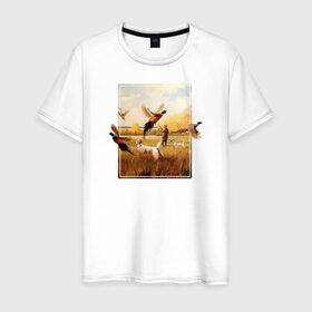 Мужская футболка хлопок с принтом Охота на фазанов в Тюмени, 100% хлопок | прямой крой, круглый вырез горловины, длина до линии бедер, слегка спущенное плечо. | живопись | осень | охота | охотник | пес | птицы | рисунок | собака | фазаны | хобби
