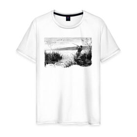 Мужская футболка хлопок с принтом Охотники на реке в Тюмени, 100% хлопок | прямой крой, круглый вырез горловины, длина до линии бедер, слегка спущенное плечо. | hunter | гравюра | лодка | охотник | природа | птицы | река | рисунок | хобби