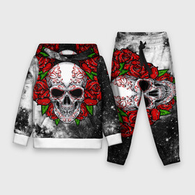 Детский костюм 3D (с толстовкой) с принтом Skull and Roses в Тюмени,  |  | flowers | muertos | roses | skull | space | tribal | звезды | космос | лепестки | муэртос | розы | трайбл | цветы | череп