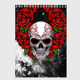 Скетчбук с принтом Skull and Roses в Тюмени, 100% бумага
 | 48 листов, плотность листов — 100 г/м2, плотность картонной обложки — 250 г/м2. Листы скреплены сверху удобной пружинной спиралью | flowers | muertos | roses | skull | space | tribal | звезды | космос | лепестки | муэртос | розы | трайбл | цветы | череп