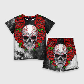 Детский костюм с шортами 3D с принтом Skull and Roses в Тюмени,  |  | flowers | muertos | roses | skull | space | tribal | звезды | космос | лепестки | муэртос | розы | трайбл | цветы | череп