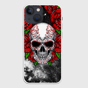 Чехол для iPhone 13 mini с принтом Skull and Roses в Тюмени,  |  | Тематика изображения на принте: flowers | muertos | roses | skull | space | tribal | звезды | космос | лепестки | муэртос | розы | трайбл | цветы | череп