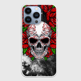 Чехол для iPhone 13 Pro с принтом Skull and Roses в Тюмени,  |  | Тематика изображения на принте: flowers | muertos | roses | skull | space | tribal | звезды | космос | лепестки | муэртос | розы | трайбл | цветы | череп