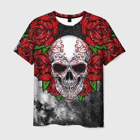 Мужская футболка 3D с принтом Skull and Roses в Тюмени, 100% полиэфир | прямой крой, круглый вырез горловины, длина до линии бедер | flowers | muertos | roses | skull | space | tribal | звезды | космос | лепестки | муэртос | розы | трайбл | цветы | череп