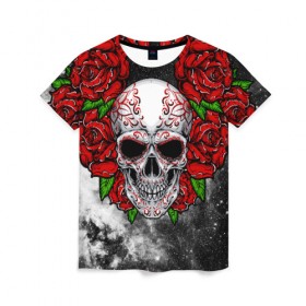 Женская футболка 3D с принтом Skull and Roses в Тюмени, 100% полиэфир ( синтетическое хлопкоподобное полотно) | прямой крой, круглый вырез горловины, длина до линии бедер | flowers | muertos | roses | skull | space | tribal | звезды | космос | лепестки | муэртос | розы | трайбл | цветы | череп