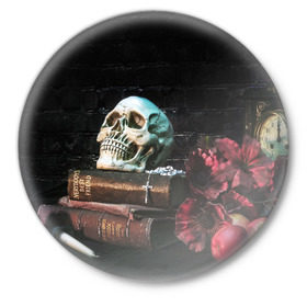 Значок с принтом ГОТИКА в Тюмени,  металл | круглая форма, металлическая застежка в виде булавки | Тематика изображения на принте: abstract | abstraction | bones | fantasy | skull | голова | кости | скилет | череп