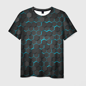 Мужская футболка 3D с принтом Turquoise Octagon в Тюмени, 100% полиэфир | прямой крой, круглый вырез горловины, длина до линии бедер | octagon | бирюзовые соты | бирюзовый | неон | неоновые соты | октагон | соты