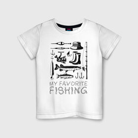 Детская футболка хлопок с принтом Моя любимая рыбалка в Тюмени, 100% хлопок | круглый вырез горловины, полуприлегающий силуэт, длина до линии бедер | cap | coil | fishing | fishing line | float | hook | pike | spinning | spoon | trout | wellingtons | блесна | катушка | крючок | леска | поплавок | рыбалка | сапоги | спиннинг | форель | шляпа | щука