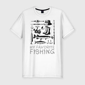 Мужская футболка премиум с принтом Моя любимая рыбалка в Тюмени, 92% хлопок, 8% лайкра | приталенный силуэт, круглый вырез ворота, длина до линии бедра, короткий рукав | cap | coil | fishing | fishing line | float | hook | pike | spinning | spoon | trout | wellingtons | блесна | катушка | крючок | леска | поплавок | рыбалка | сапоги | спиннинг | форель | шляпа | щука
