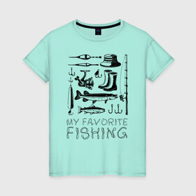 Женская футболка хлопок с принтом Моя любимая рыбалка в Тюмени, 100% хлопок | прямой крой, круглый вырез горловины, длина до линии бедер, слегка спущенное плечо | Тематика изображения на принте: cap | coil | fishing | fishing line | float | hook | pike | spinning | spoon | trout | wellingtons | блесна | катушка | крючок | леска | поплавок | рыбалка | сапоги | спиннинг | форель | шляпа | щука